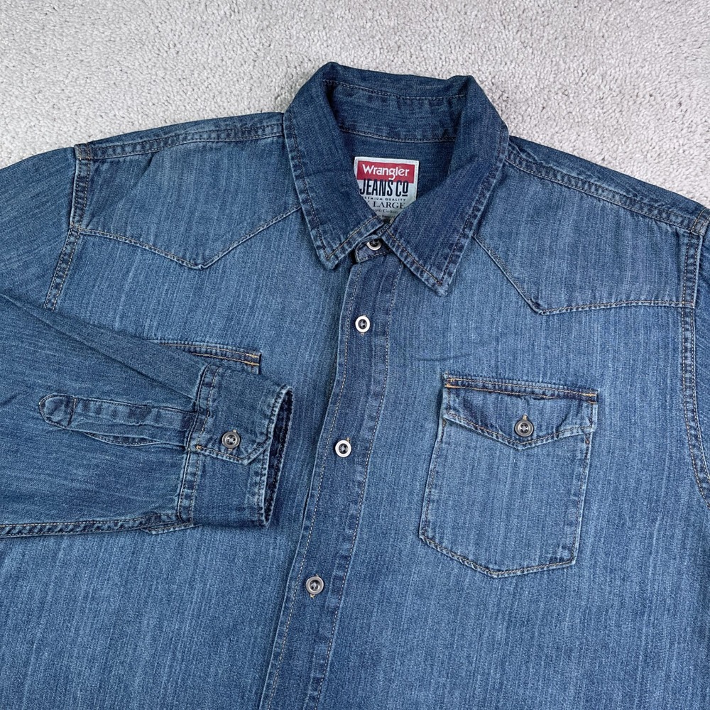 Wrangler Shirt Mens XL Blue Denim Jean Western Cowboy Long Sleeve Workwear